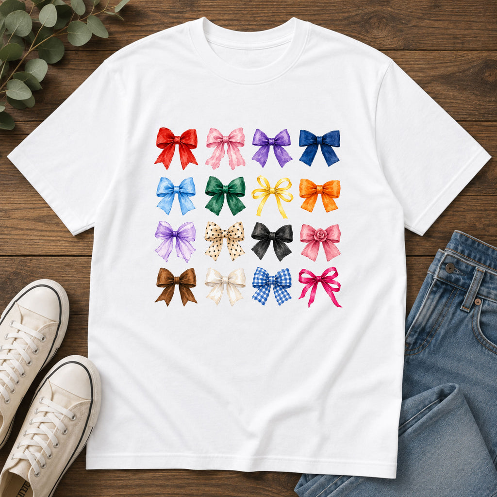 Bow Pattern T-Shirt — Colorful Ribbon Graphic Tee