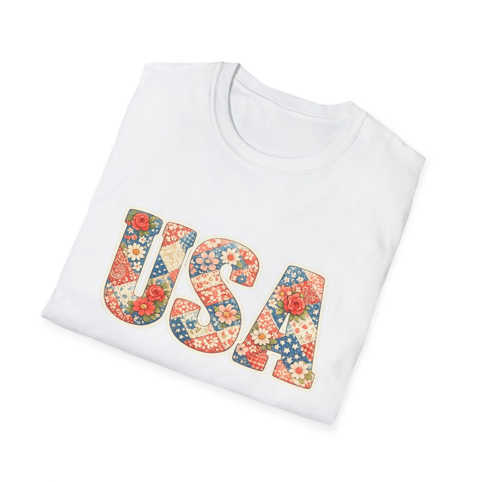 Quilted Patchwork USA T-Shirt, Vintage Floral Rose Daisy America Tee, Cottagecore Patriotic Letter Shirt, 4th of July Grandma Quilt Style