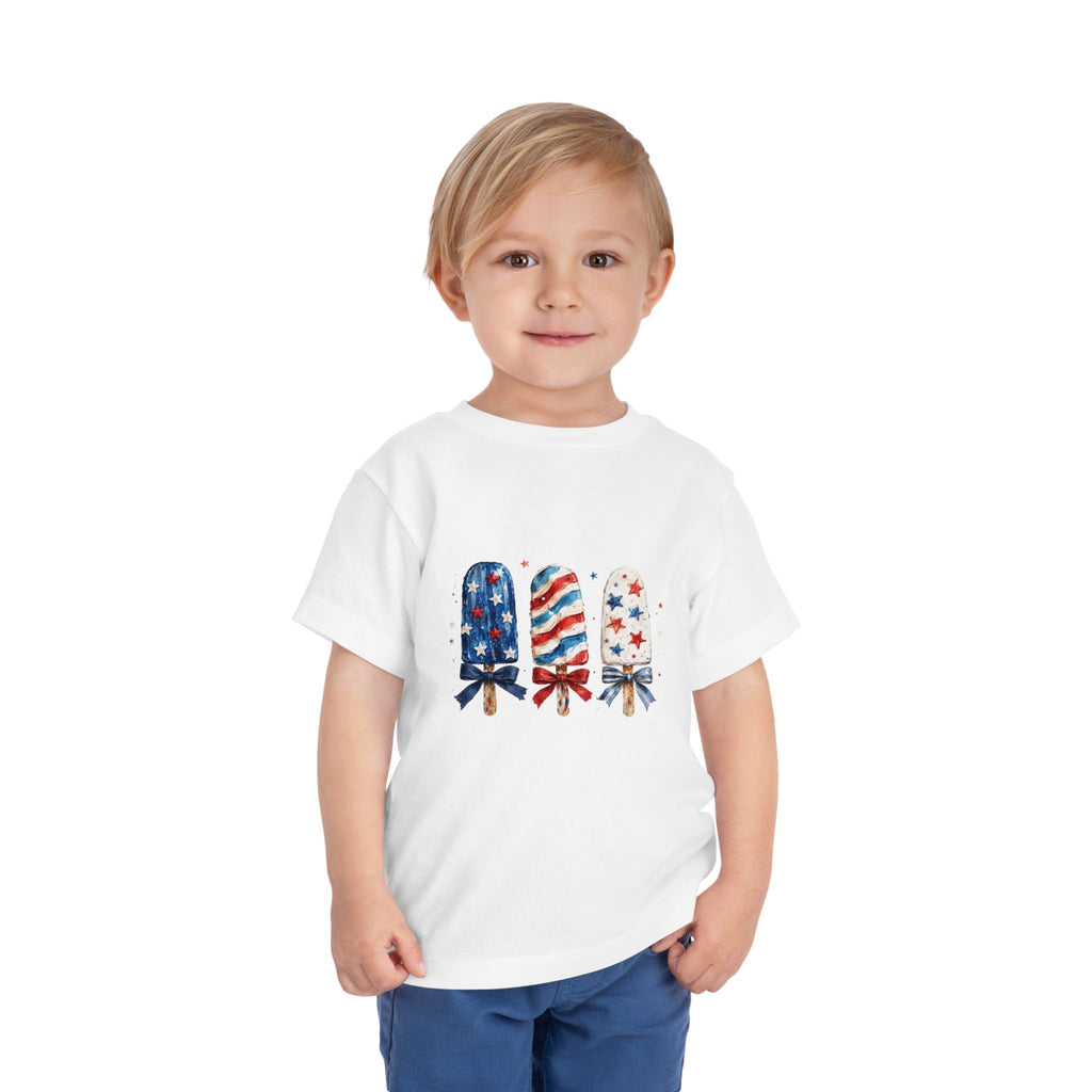 Patriotic Popsicle Trio Tee, Red White Blue USA Shirt, Cute Summer Fireworks Graphic Top, Fourth of July Celebration Outfit Toddler Short Sleeve Tee