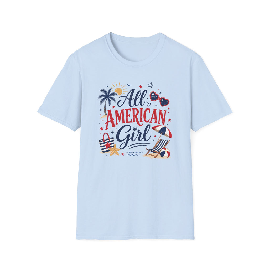 All American Girl Graphic Tee - Patriotic 4th of July Summer Beach T-Shirt