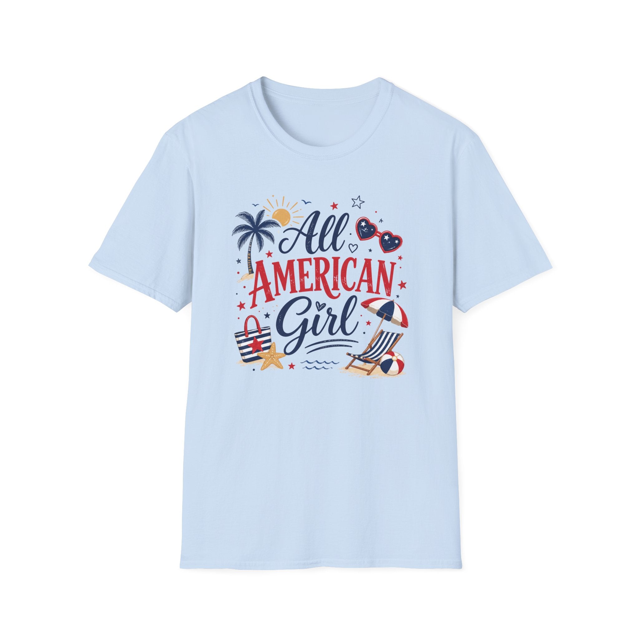 All American Girl Graphic Tee - Patriotic 4th of July Summer Beach T-Shirt