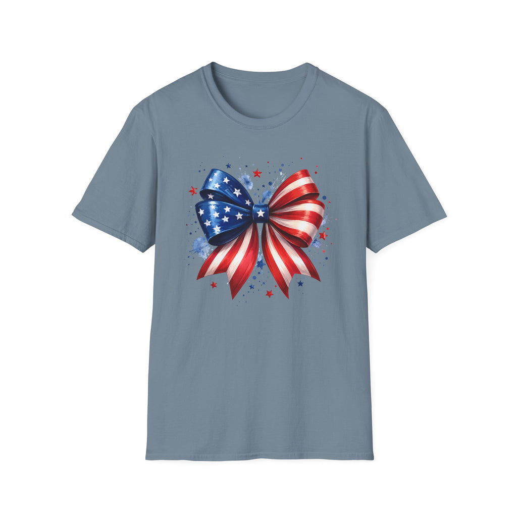 Watercolor American Flag Bow 4th of July Graphic Tee Stars Stripes - Patriotic Coquette T-Shirt