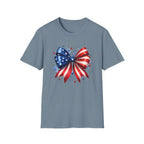 Watercolor American Flag Bow 4th of July Graphic Tee Stars Stripes - Patriotic Coquette T-Shirt