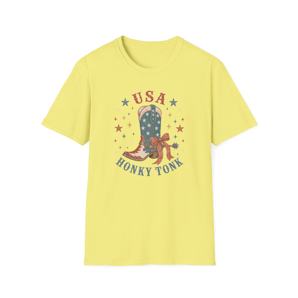 USA Honky Tonk T-Shirt, Patriotic Cowboy Boot Coquette Bow Tee, Country Western 4th of July Shirt, Star Cowgirl Boot America Gift Women, Country Patriotic Concert Tee