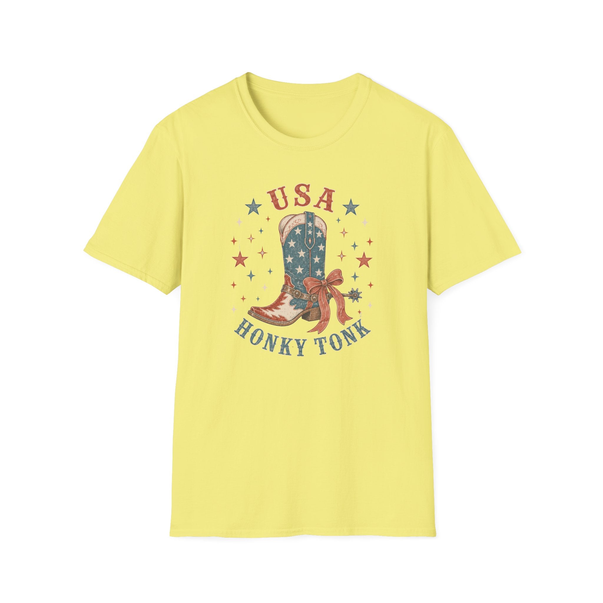 USA Honky Tonk T-Shirt, Patriotic Cowboy Boot Coquette Bow Tee, Country Western 4th of July Shirt, Star Cowgirl Boot America Gift Women, Country Patriotic Concert Tee