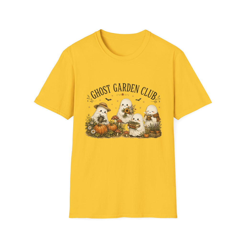 Ghost Garden Club T-Shirt — Cute Autumn Halloween Ghosts with Pumpkins & Flowers