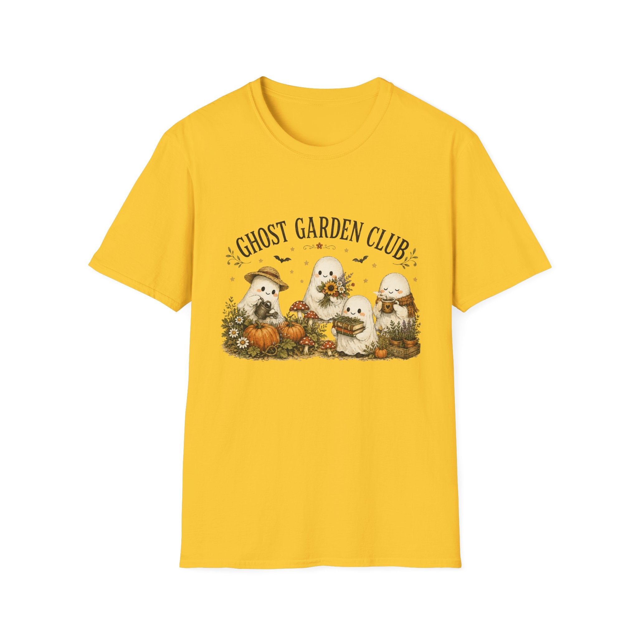 Ghost Garden Club T-Shirt — Cute Autumn Halloween Ghosts with Pumpkins & Flowers
