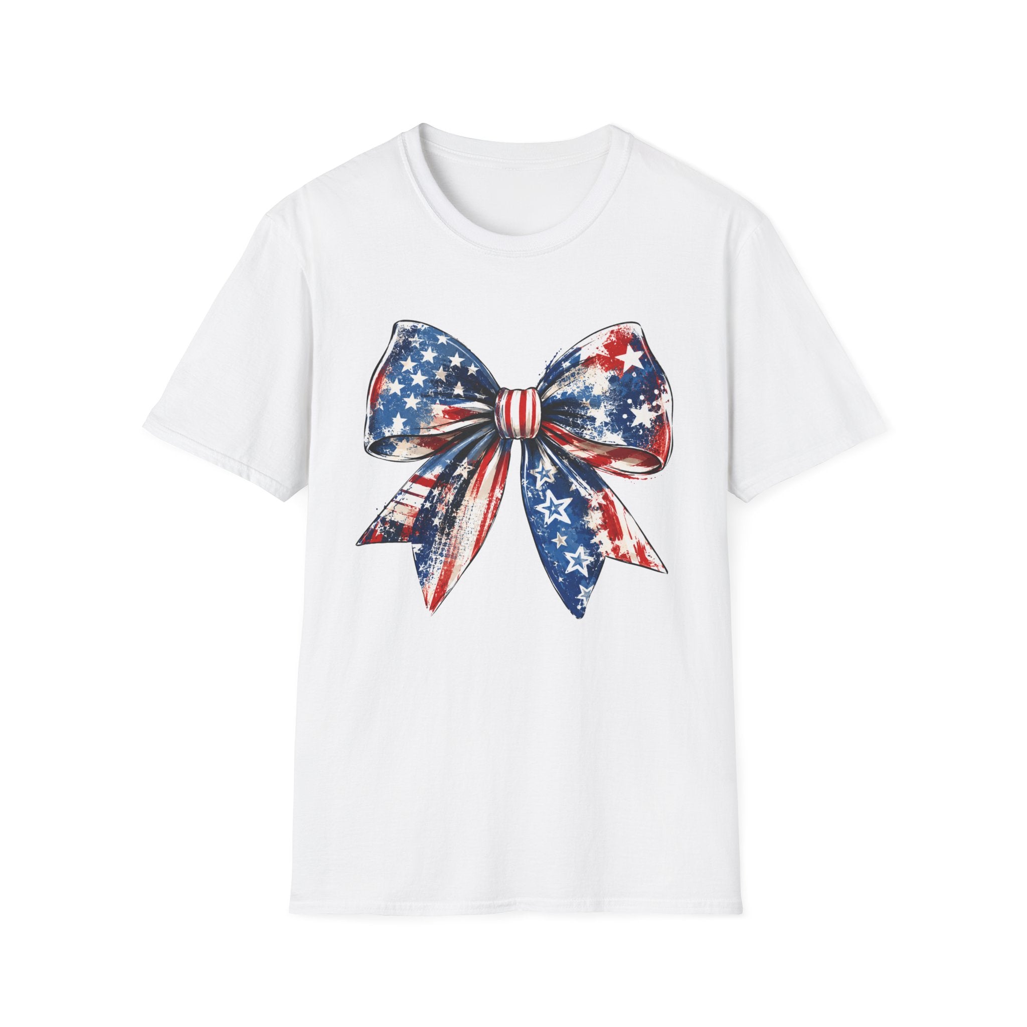 Distressed Watercolor Patriotic Bow T-Shirt, Vintage Grunge American Flag Bow Tee, Worn Texture Coquette 4th of July Shirt, Brushstroke Stars Stripes Bow Gift