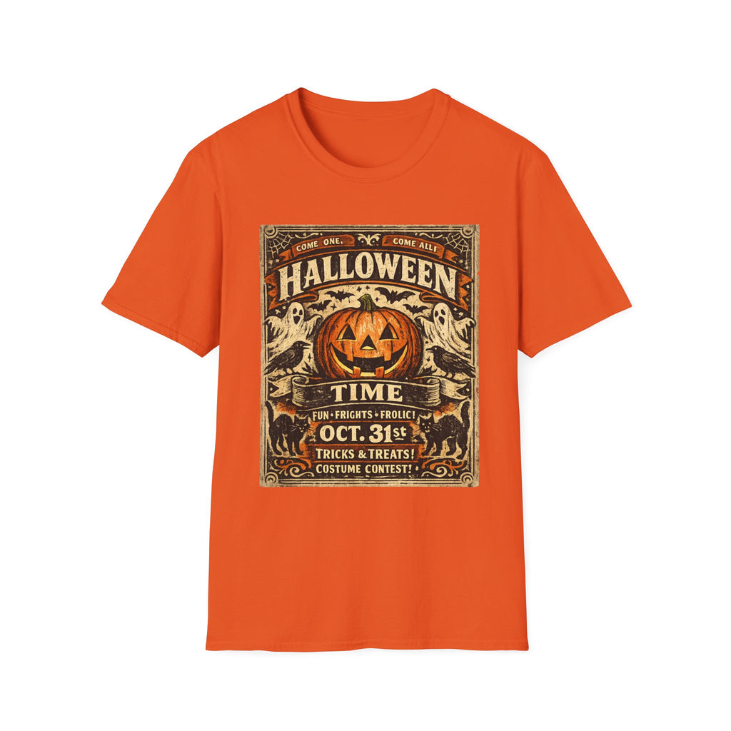 Vintage Halloween Pumpkin T-Shirt — "Halloween Time" Retro Poster Tee