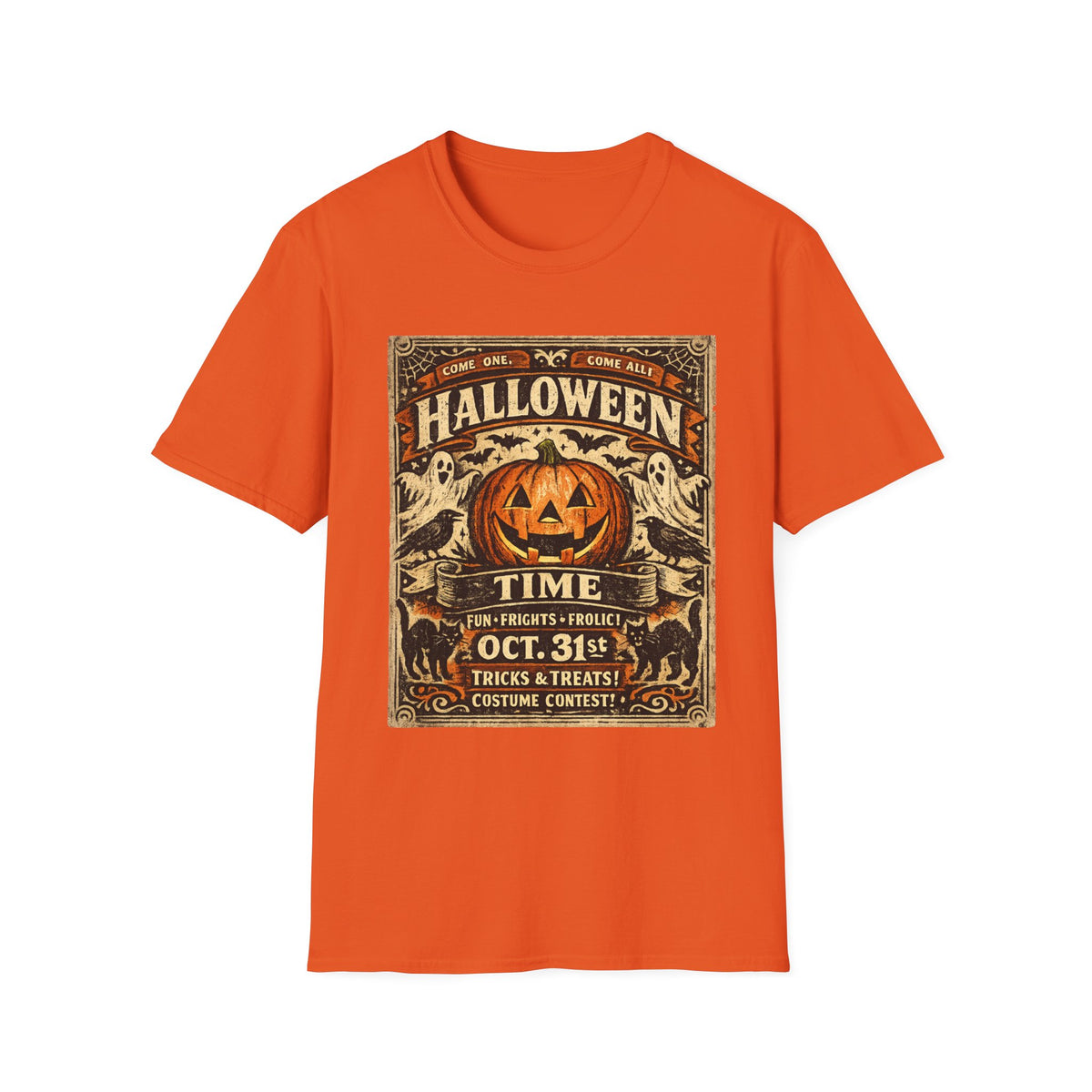 Vintage Halloween Pumpkin T-Shirt — "Halloween Time" Retro Poster Tee