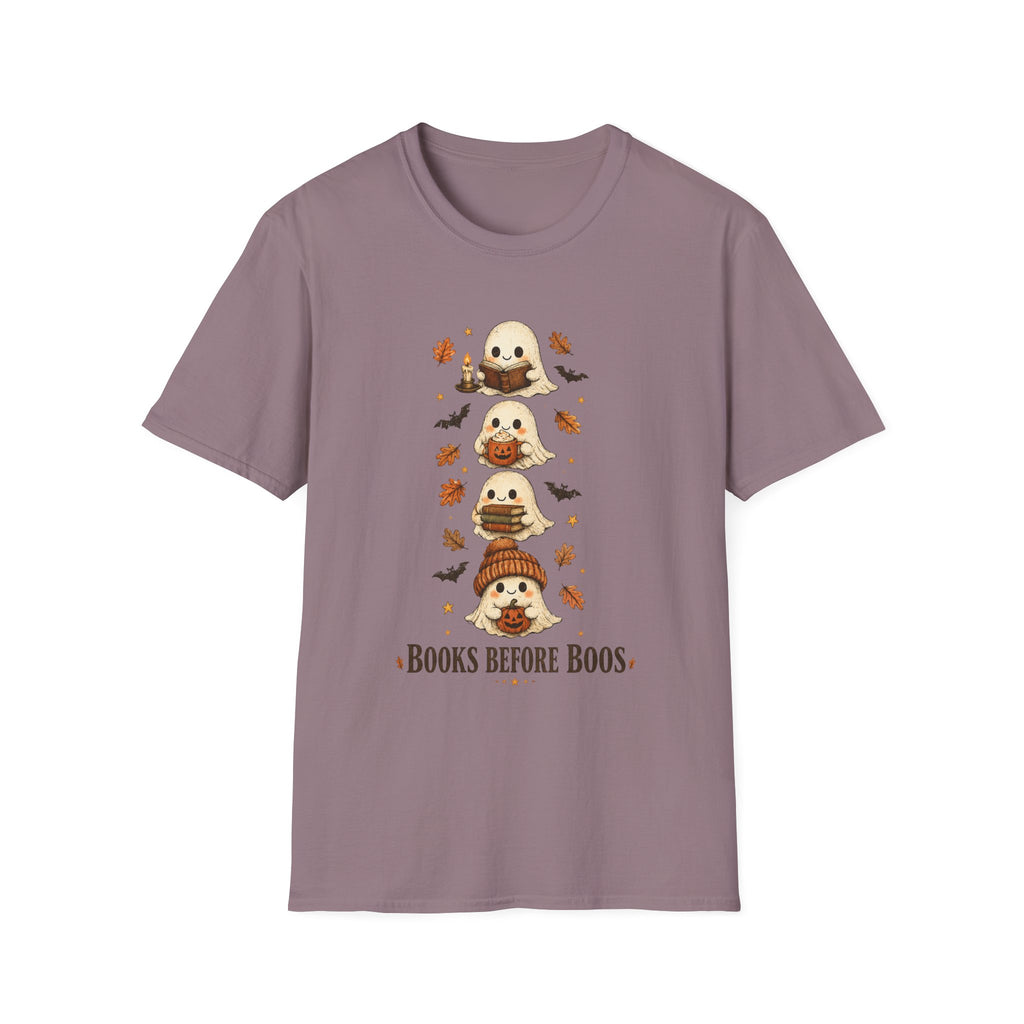 Ghost Stack T‑Shirt — "Books Before Boos" Cute Halloween Reading Tee