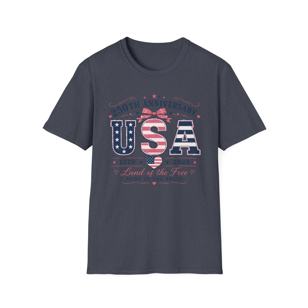 250th Anniversary USA Coquette Bow Shirt, Land of the Free Home of the Brave Women's Tee, Varsity Stars Stripes Heart 1776 2026 T-Shirt