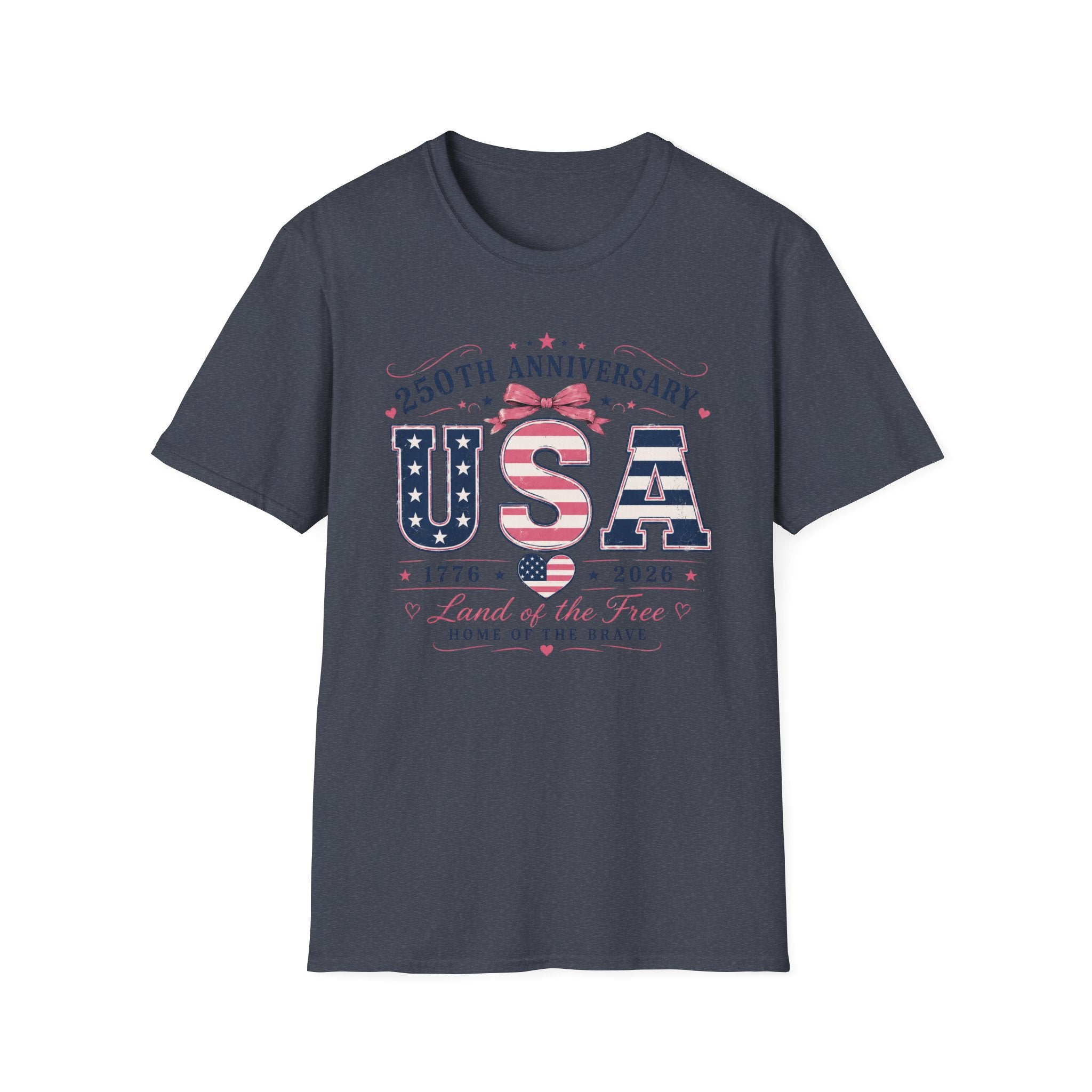 250th Anniversary USA Coquette Bow Shirt, Land of the Free Home of the Brave Women's Tee, Varsity Stars Stripes Heart 1776 2026 T-Shirt