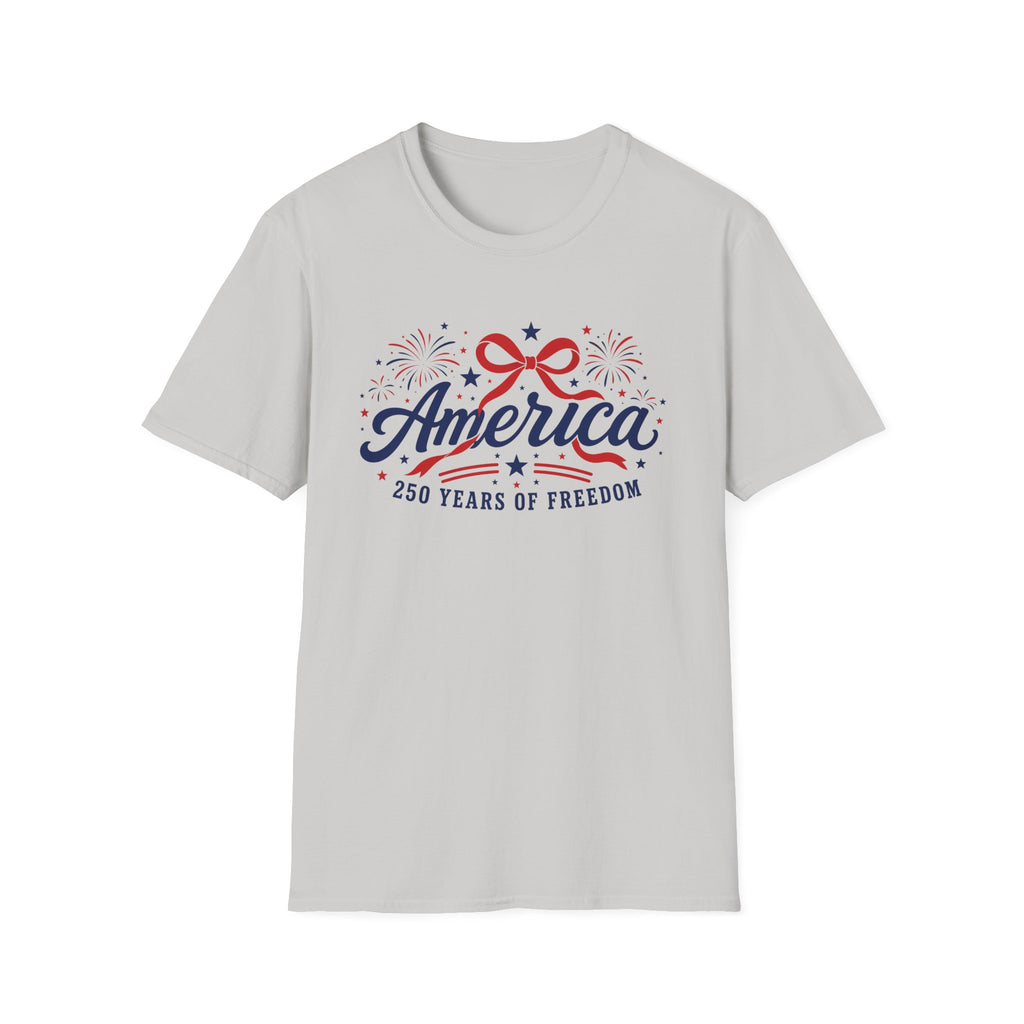 America 250 Years Of Freedom T-Shirt | Semiquincentennial Patriotic Fireworks Tee, Coquette Ribbon Bow Holiday Clothing