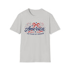 America 250 Years Of Freedom T-Shirt | Semiquincentennial Patriotic Fireworks Tee, Coquette Ribbon Bow Holiday Clothing