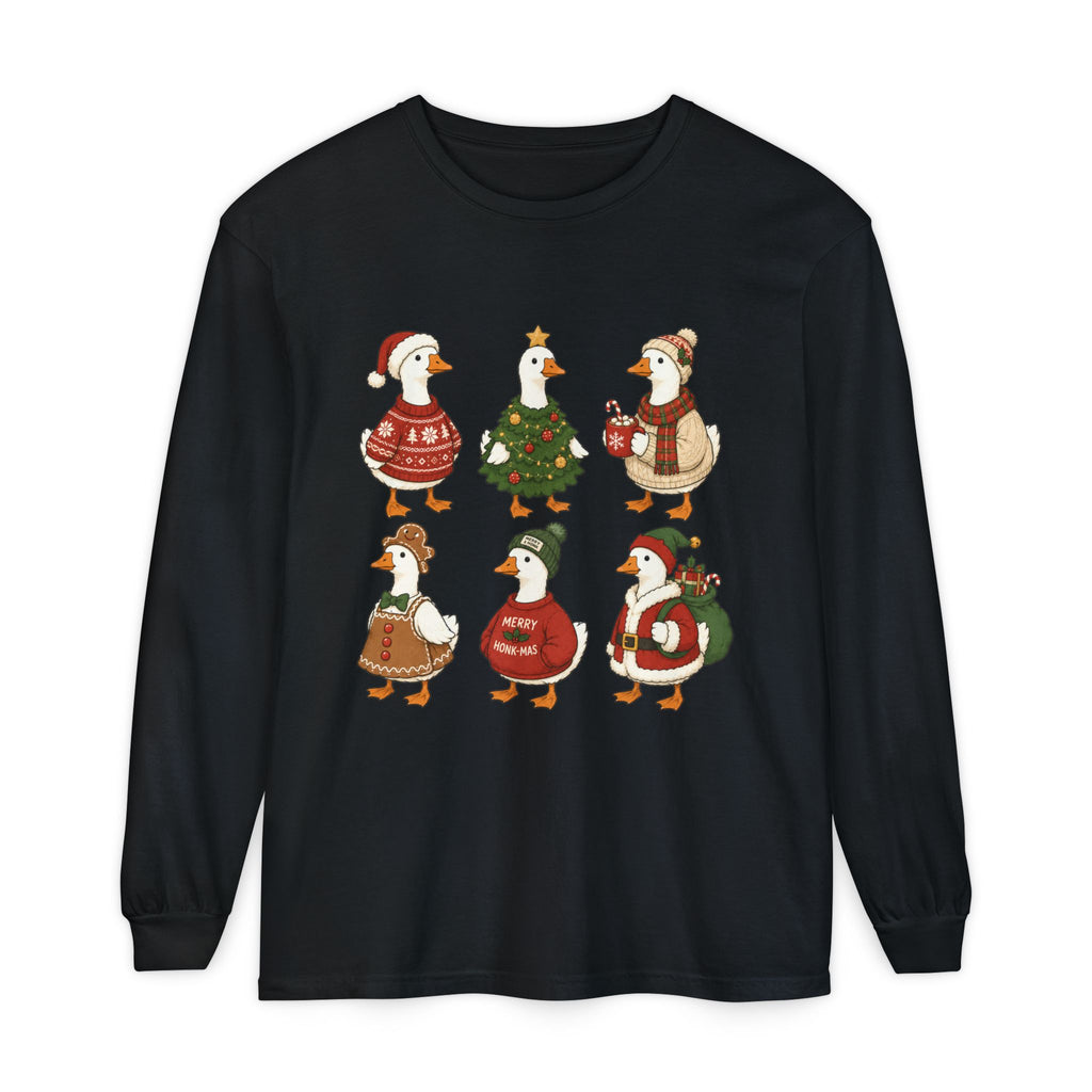 Cute Christmas Geese Holiday Ducks in Sweaters & Tree Long Sleeve T-shirt
