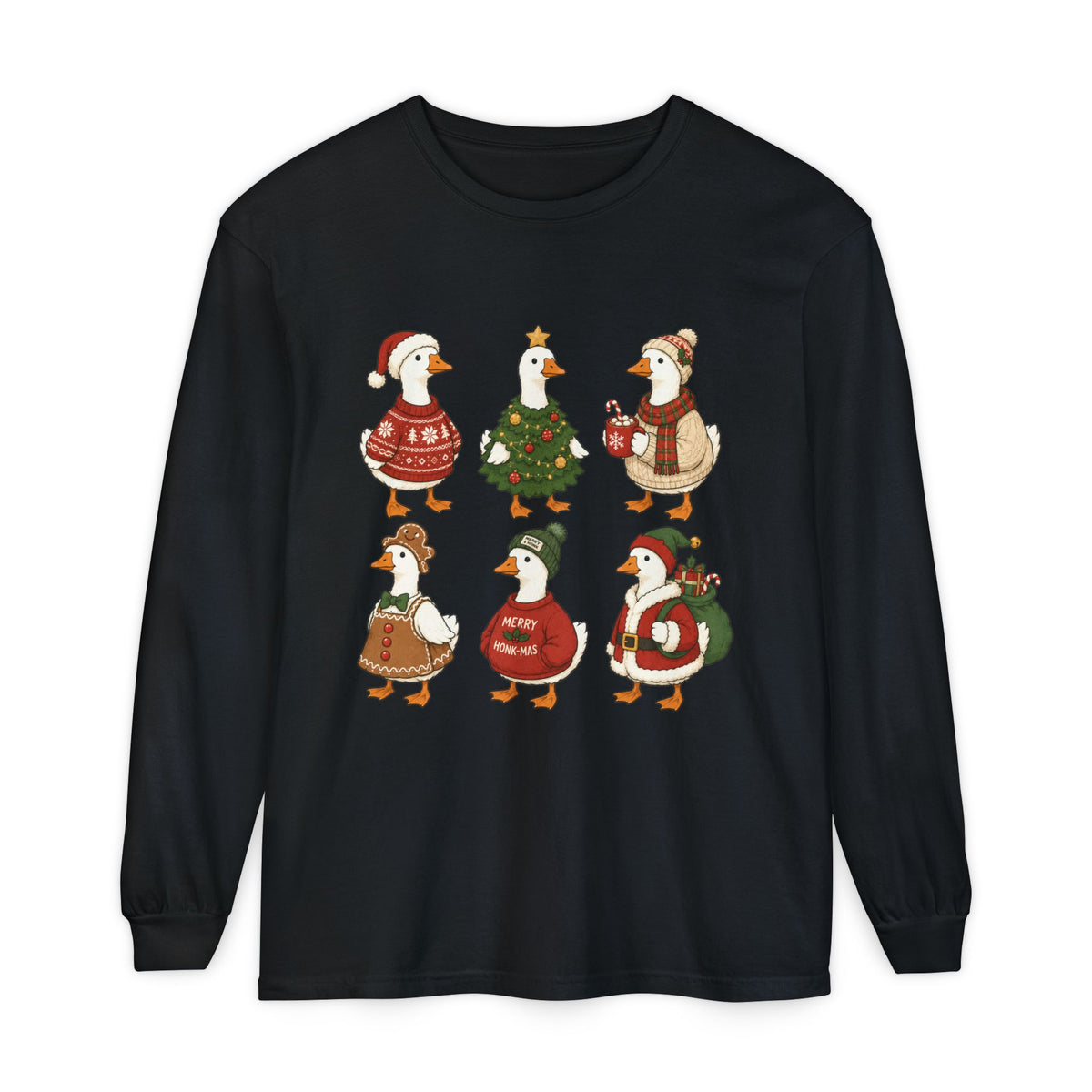 Cute Christmas Geese Holiday Ducks in Sweaters & Tree Long Sleeve T-shirt