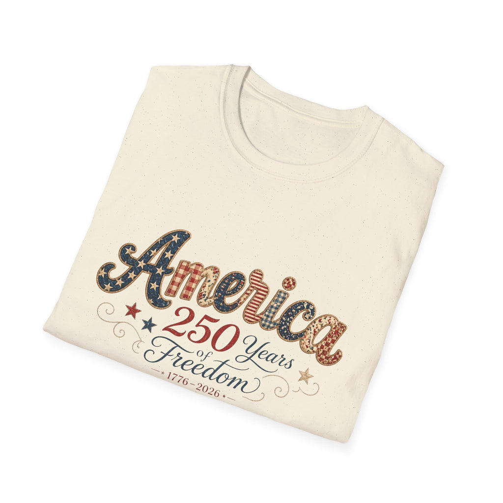 America 250 Years of Freedom Patchwork Shirt, Retro Patriotic Script Tee 1776 2026, 4th of July Vintage Americana T-Shirt, Gingham Stars Scrollwork Anniversary