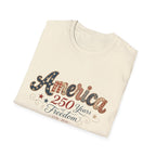 America 250 Years of Freedom Patchwork Shirt, Retro Patriotic Script Tee 1776 2026, 4th of July Vintage Americana T-Shirt, Gingham Stars Scrollwork Anniversary