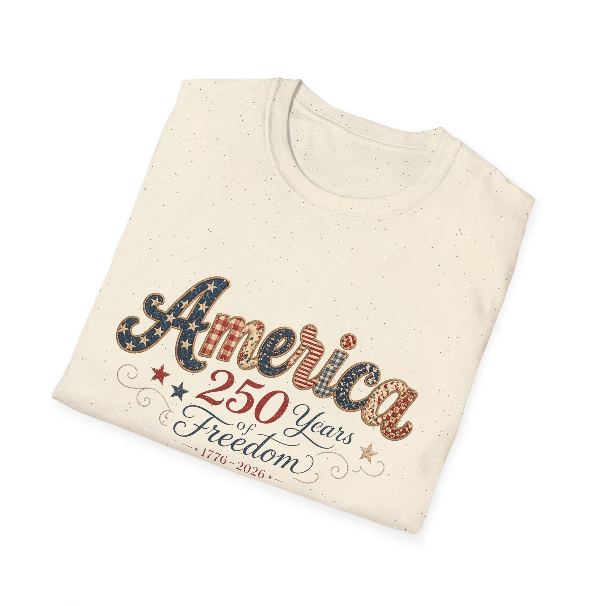 America 250 Years of Freedom Patchwork Shirt, Retro Patriotic Script Tee 1776 2026, 4th of July Vintage Americana T-Shirt, Gingham Stars Scrollwork Anniversary