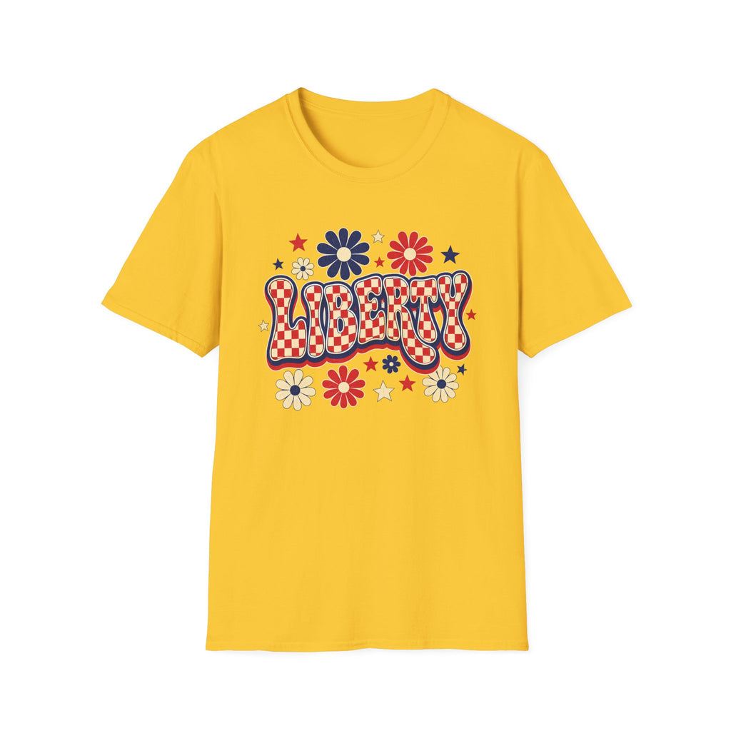 Liberty Retro USA Tee, Vintage Red White Blue Shirt, Patriotic Floral Graphic Top, Fourth of July Celebration Outfit Unisex Softstyle T-Shirt
