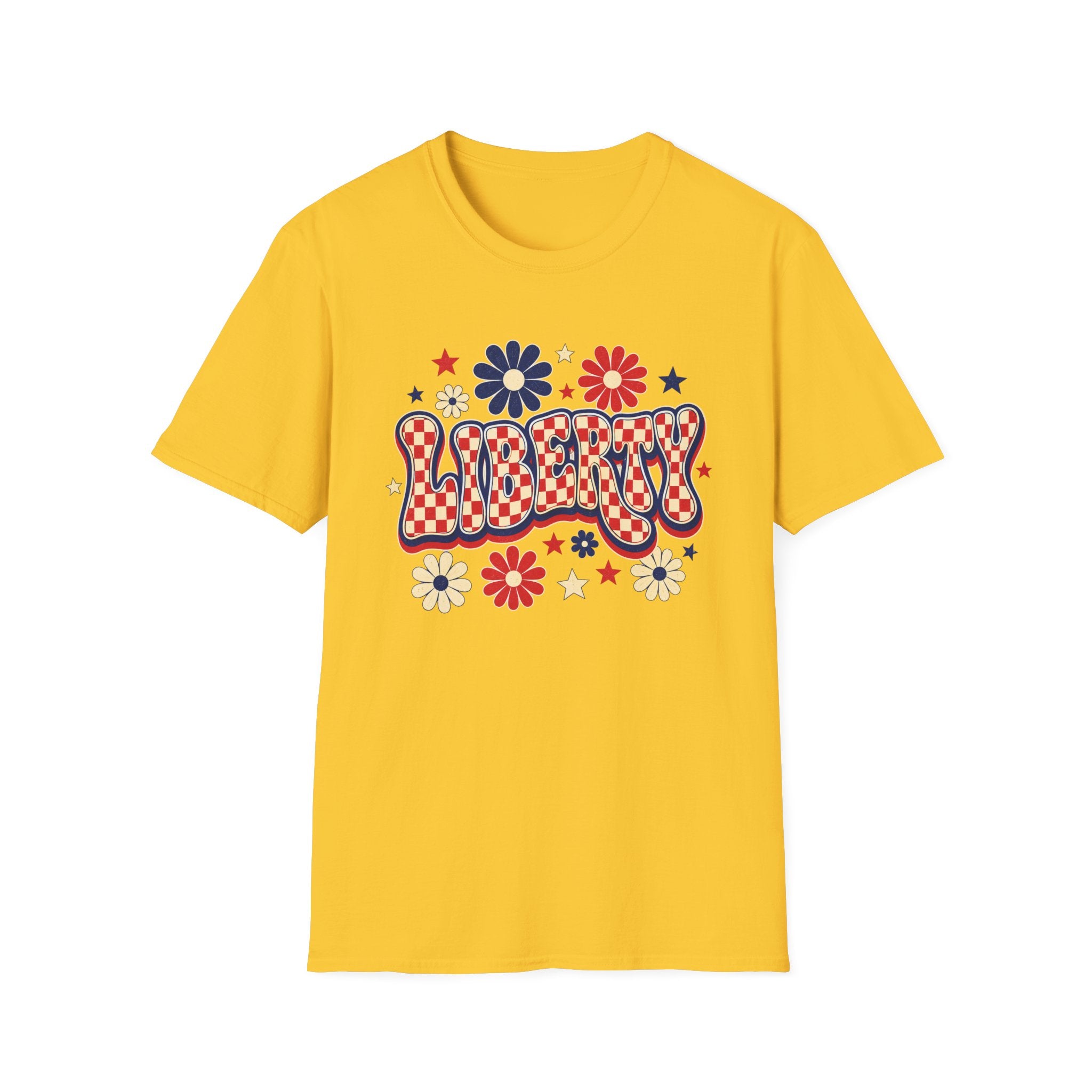 Liberty Retro USA Tee, Vintage Red White Blue Shirt, Patriotic Floral Graphic Top, Fourth of July Celebration Outfit Unisex Softstyle T-Shirt