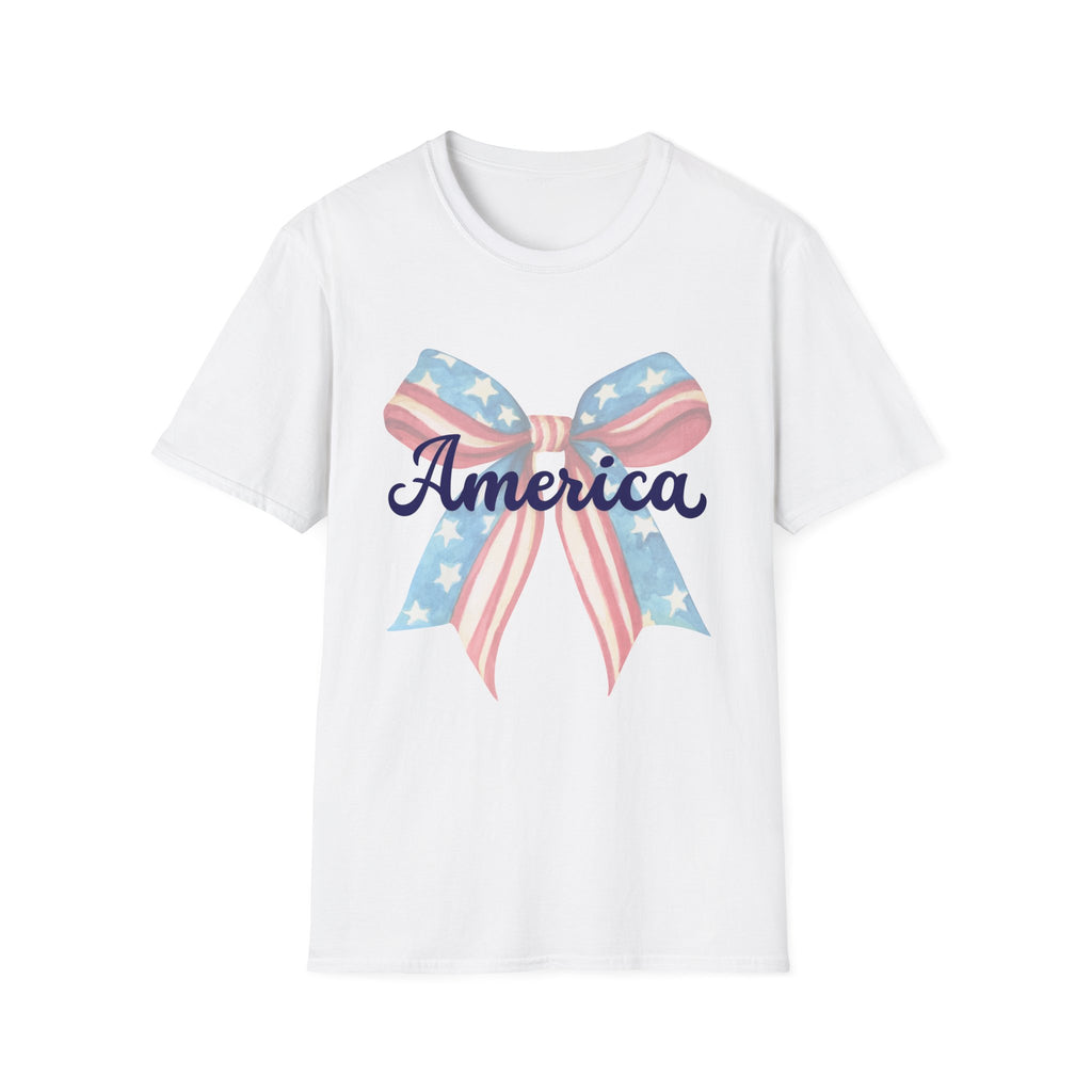 America Bow Patriotic T-Shirt, Coquette Fourth of July Graphic Tee, Vintage Americana Ribbon Shirt, Cute USA Holiday Apparel, Soft Girl Patriotic Outfit