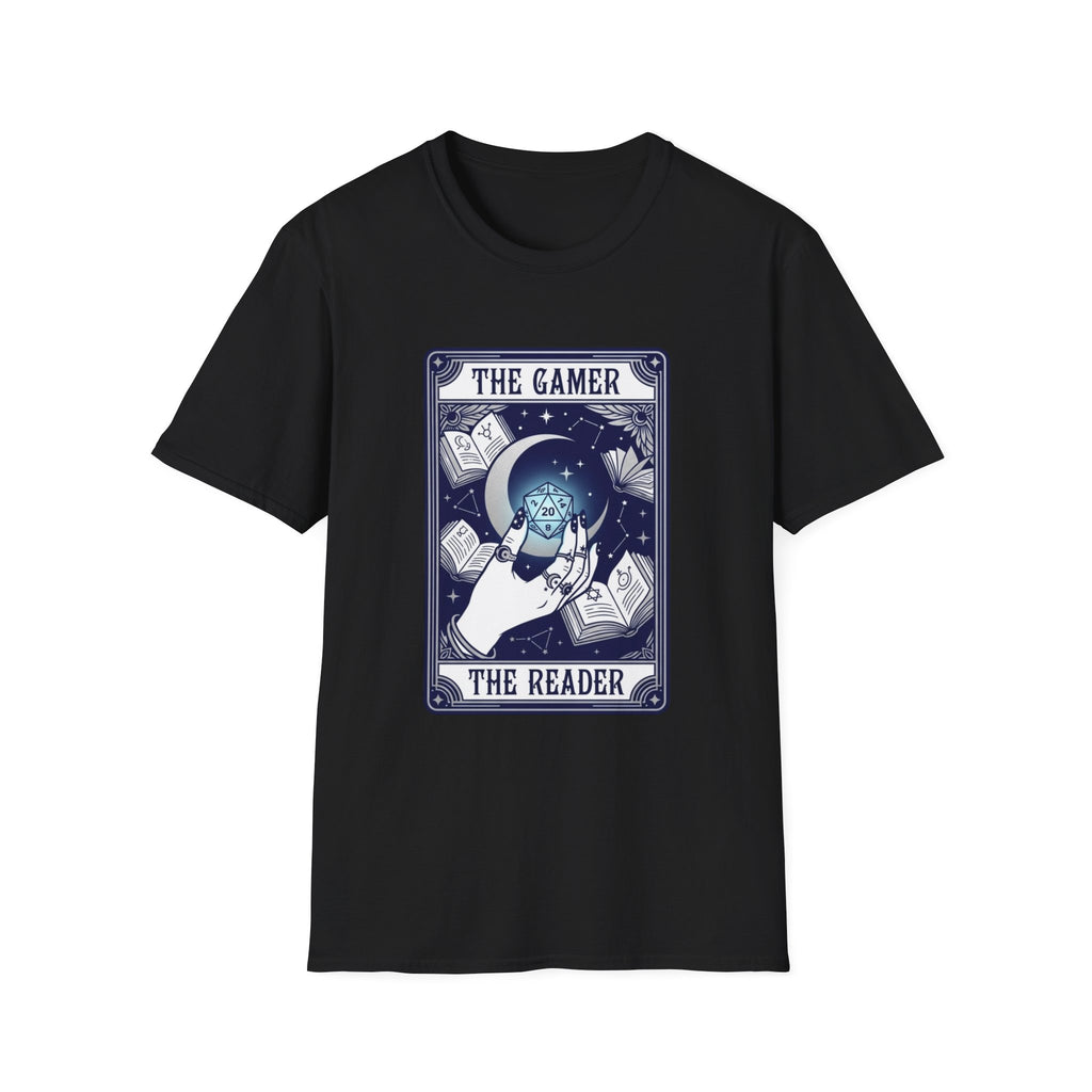 The Gamer The Reader T‑Shirt — Fantasy Dice & Book Illustration Tee