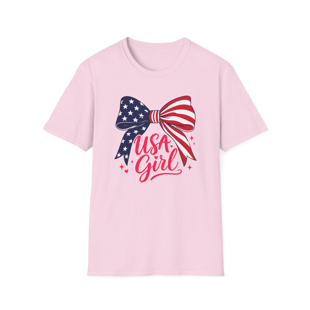 USA Girl T-Shirt, Coquette Flag Bow Pink Script Tee, 4th of July Girl Shirt Women Teens, Stars Stripes Bow Sparkle Patriotic Gift, Cute Pink Script Independence Day Tee