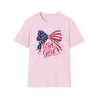 USA Girl T-Shirt, Coquette Flag Bow Pink Script Tee, 4th of July Girl Shirt Women Teens, Stars Stripes Bow Sparkle Patriotic Gift, Cute Pink Script Independence Day Tee