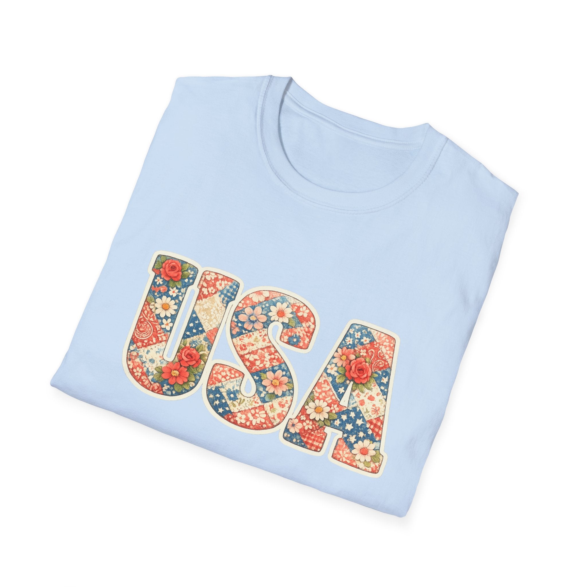 Quilted Patchwork USA T-Shirt, Vintage Floral Rose Daisy America Tee, Cottagecore Patriotic Letter Shirt, 4th of July Grandma Quilt Style
