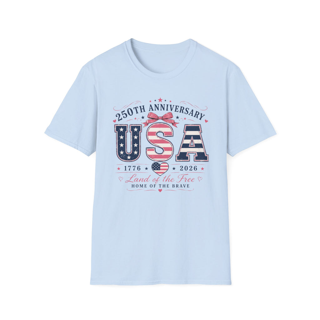 250th Anniversary USA Coquette Bow Shirt, Land of the Free Home of the Brave Women's Tee, Varsity Stars Stripes Heart 1776 2026 T-Shirt