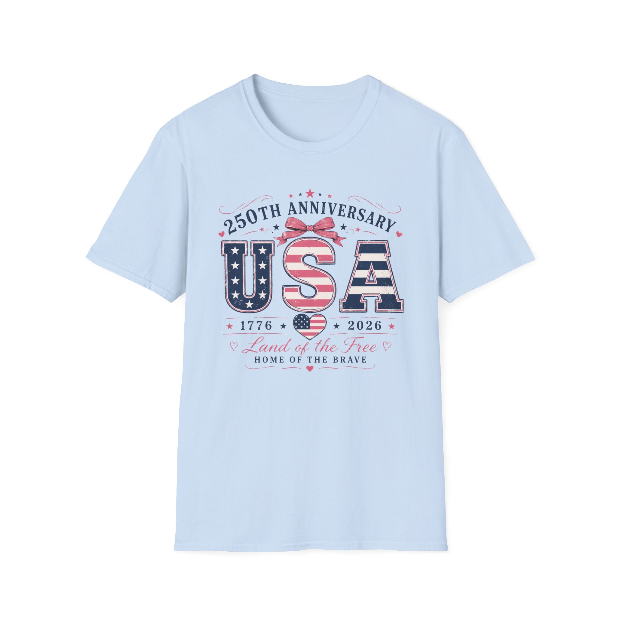 250th Anniversary USA Coquette Bow Shirt, Land of the Free Home of the Brave Women's Tee, Varsity Stars Stripes Heart 1776 2026 T-Shirt