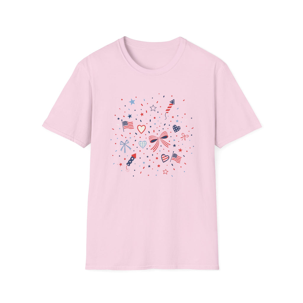 Patriotic Doodle Collage T-Shirt, Cute 4th of July Bow Heart Flag Confetti Tee, Whimsical Festive America Shirt, Coquette Patriotic Icon Scatter Gift