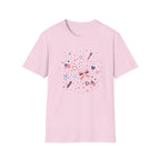 Patriotic Doodle Collage T-Shirt, Cute 4th of July Bow Heart Flag Confetti Tee, Whimsical Festive America Shirt, Coquette Patriotic Icon Scatter Gift