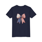 Patriotic Flag Bow Tee, Red White Blue USA Shirt, American Pride Graphic Top, Fourth of July Celebration Outfit Youth Short Sleeve Tee