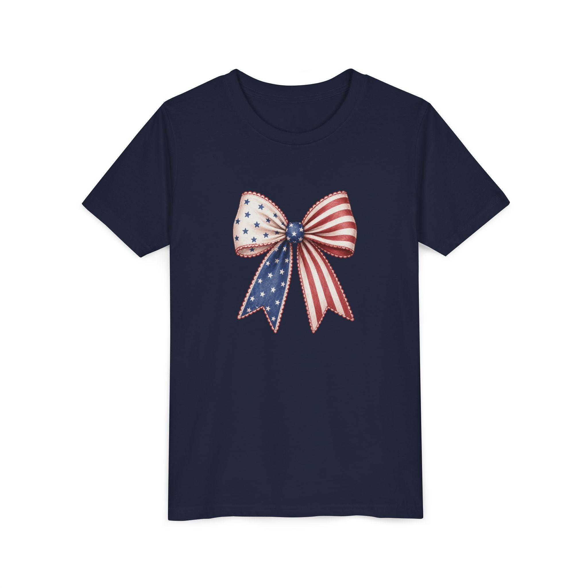 Patriotic Flag Bow Tee, Red White Blue USA Shirt, American Pride Graphic Top, Fourth of July Celebration Outfit Youth Short Sleeve Tee