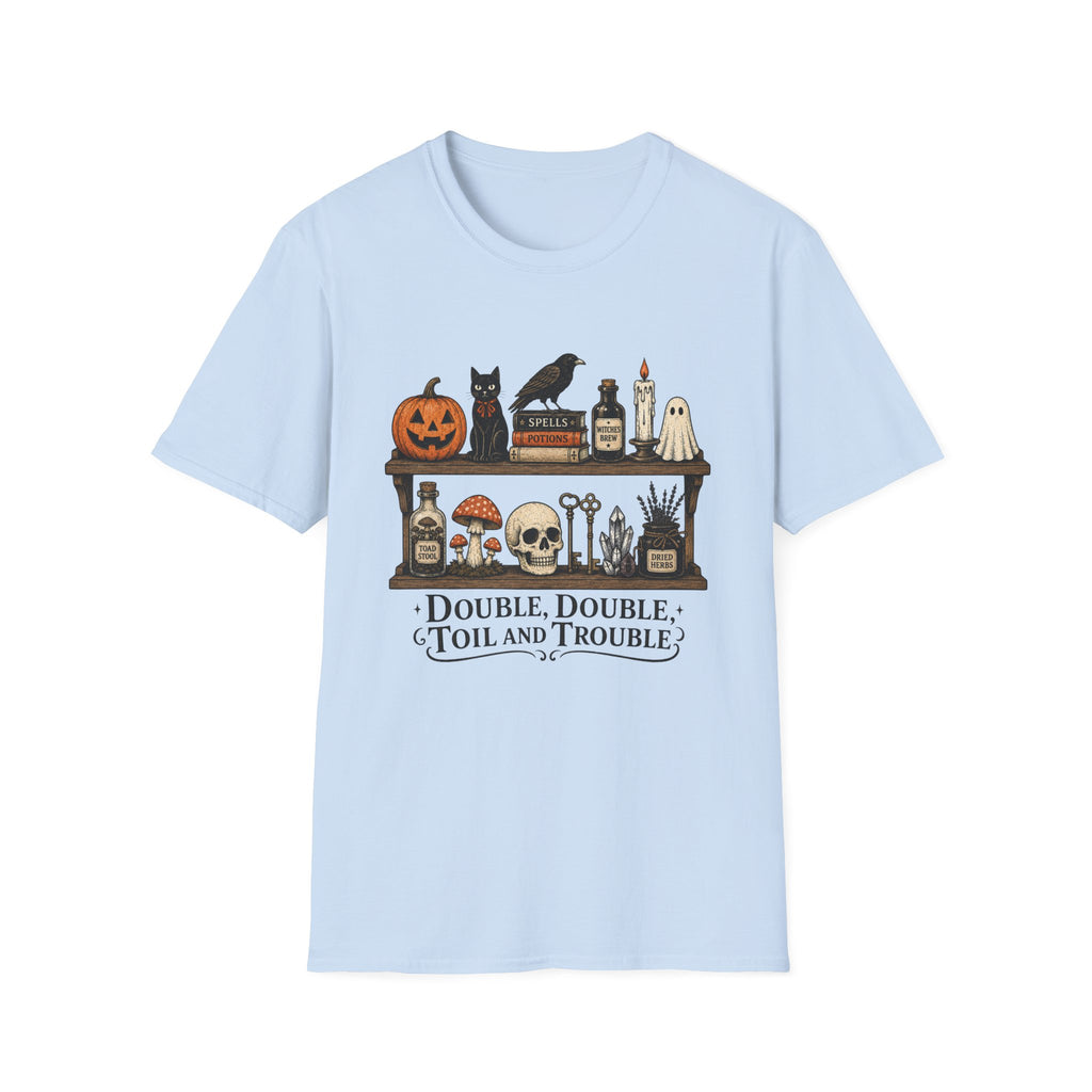 Halloween Potion Shelf T‑Shirt — "Double, Double, Toil and Trouble"