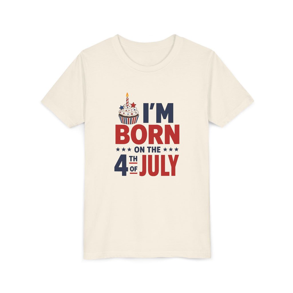 Born on the 4th of July Tee, Patriotic Birthday USA Shirt, Red White Blue Cupcake Graphic Top, Independence Day Celebration Outfit Youth Short Sleeve Tee
