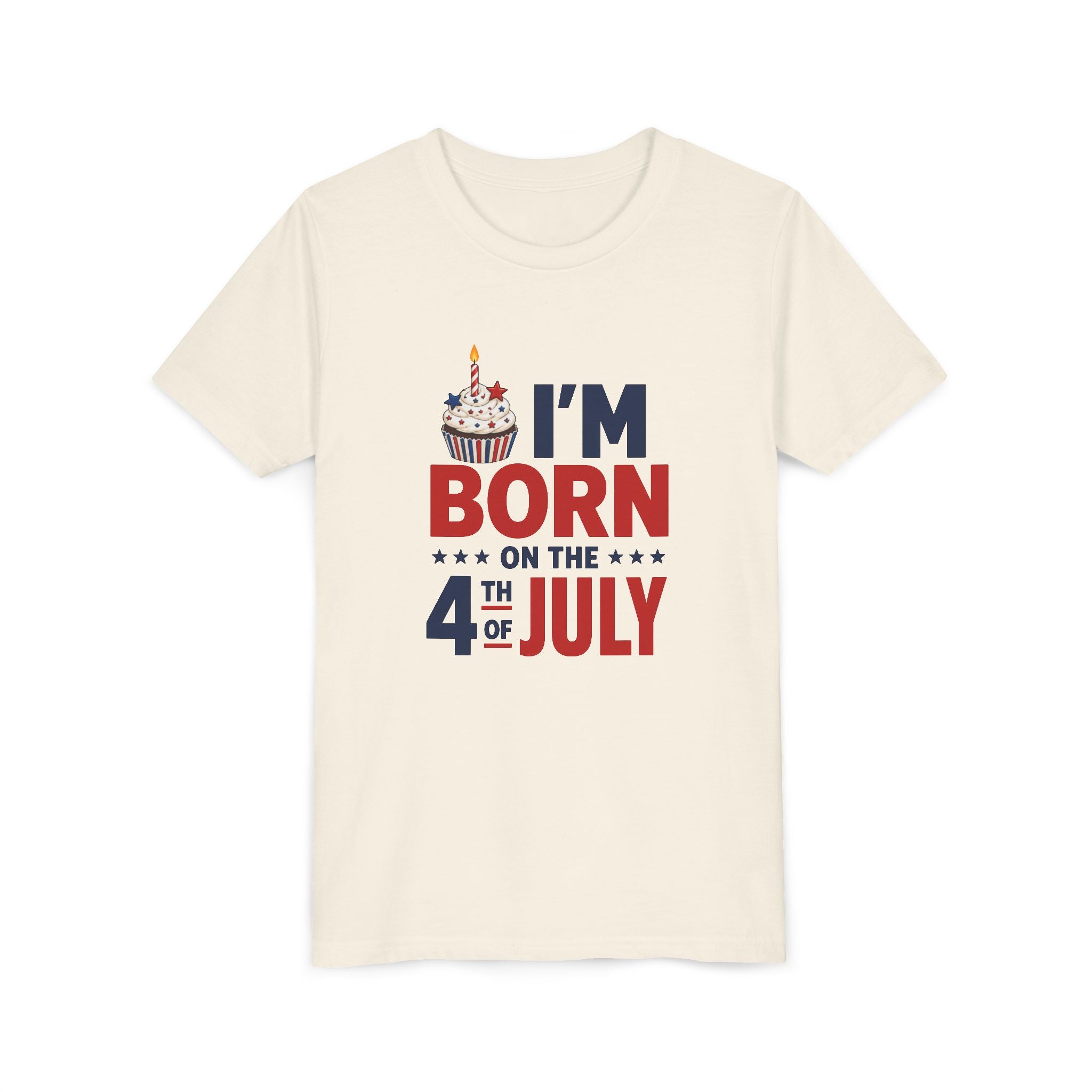Born on the 4th of July Tee, Patriotic Birthday USA Shirt, Red White Blue Cupcake Graphic Top, Independence Day Celebration Outfit Youth Short Sleeve Tee