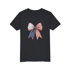 Patriotic Flag Bow Tee, Red White Blue USA Shirt, American Pride Graphic Top, Fourth of July Celebration Outfit Youth Short Sleeve Tee