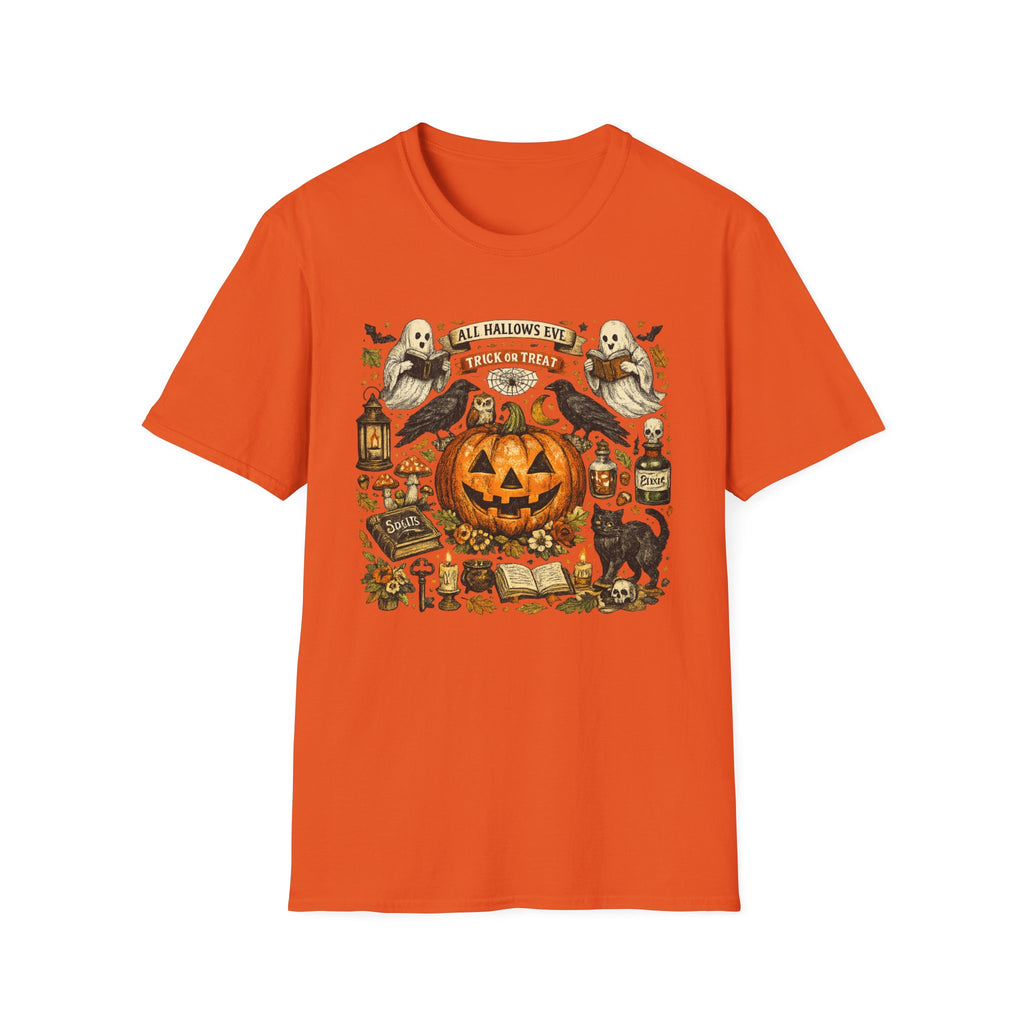 Halloween Pumpkin & Ghost Tee — "All Hallows Eve, Trick or Treat" Graphic T-Shirt