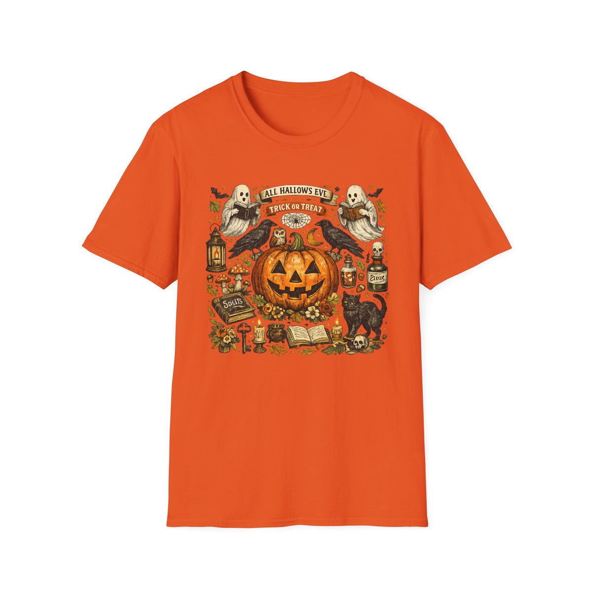 Halloween Pumpkin & Ghost Tee — "All Hallows Eve, Trick or Treat" Graphic T-Shirt