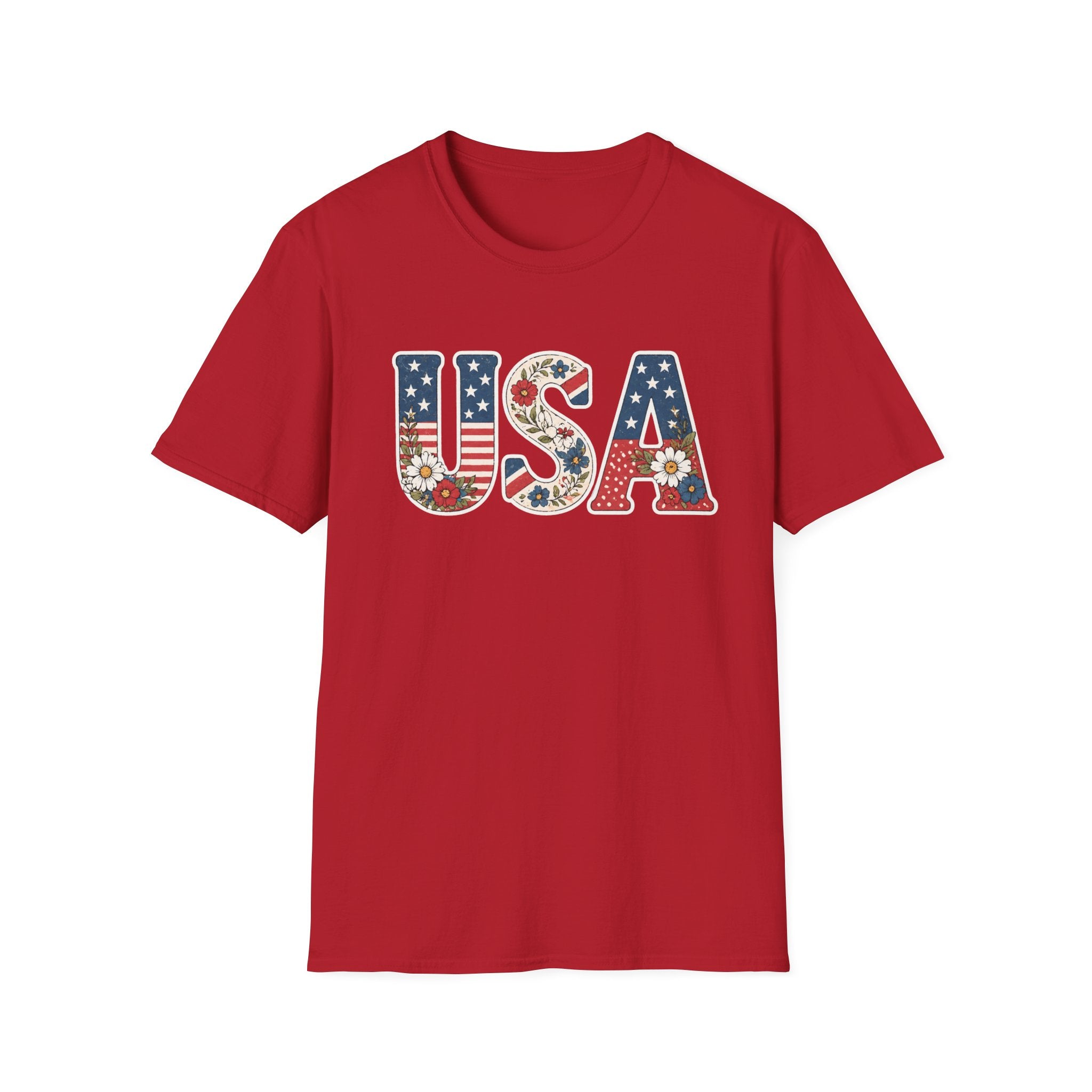 USA Patriotic Floral T-Shirt | American Flag Block Lettering Graphic Tee, Fourth Of July Vintage Cottagecore Top
