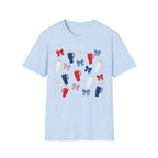 Patriotic Coffee Lover T-Shirt, Americana Bow Graphic Tee, Fourth of July Iced Drink Shirt, Cute Summer Cafe Apparel, Coquette USA Outfit