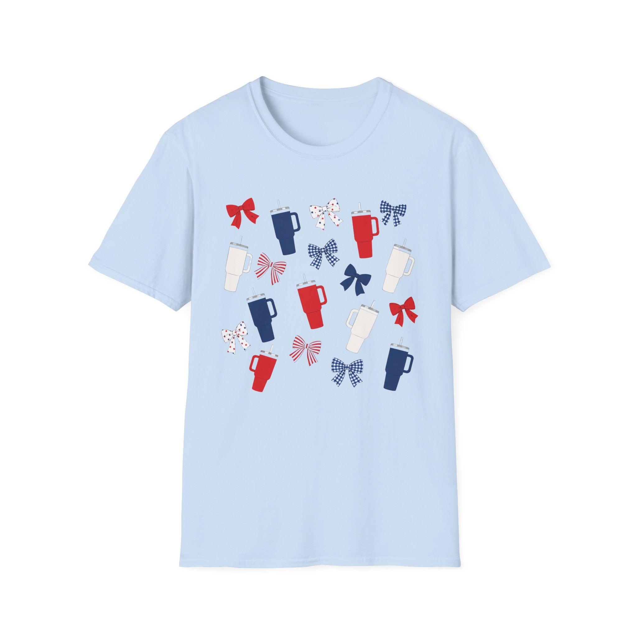 Patriotic Coffee Lover T-Shirt, Americana Bow Graphic Tee, Fourth of July Iced Drink Shirt, Cute Summer Cafe Apparel, Coquette USA Outfit