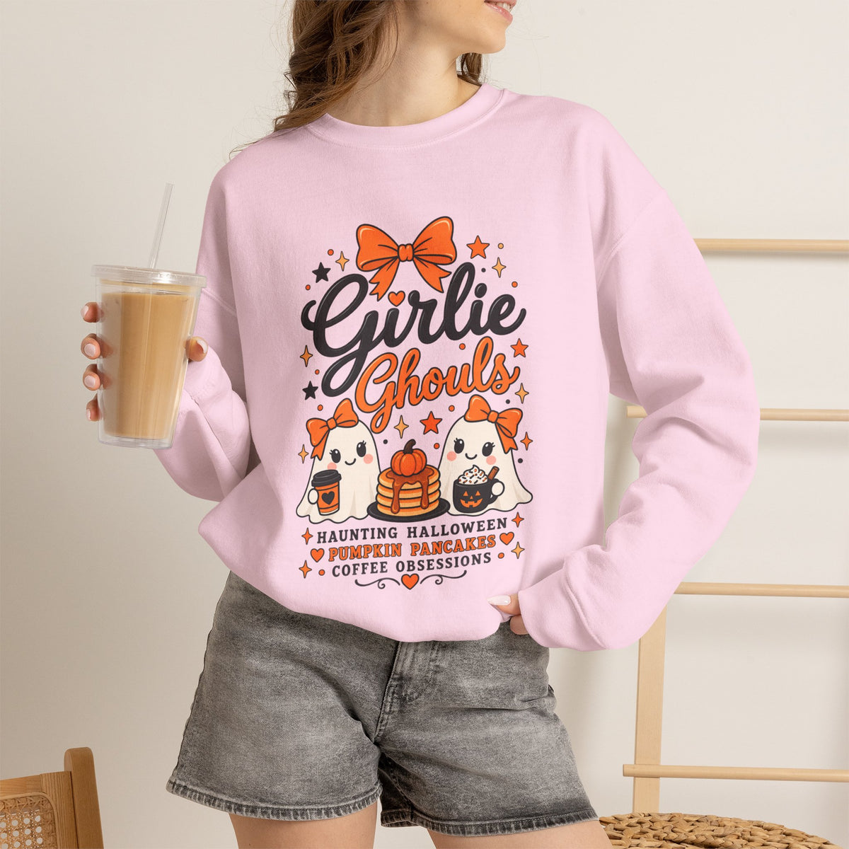 Girlie Ghouls Halloween Cute Orange Bow Spooky Crewneck Sweatshirt