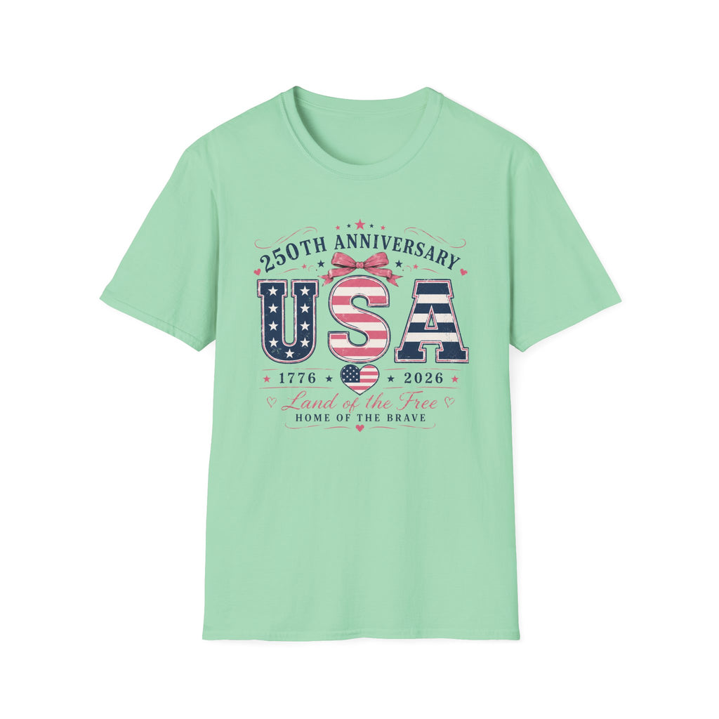 250th Anniversary USA Coquette Bow Shirt, Land of the Free Home of the Brave Women's Tee, Varsity Stars Stripes Heart 1776 2026 T-Shirt