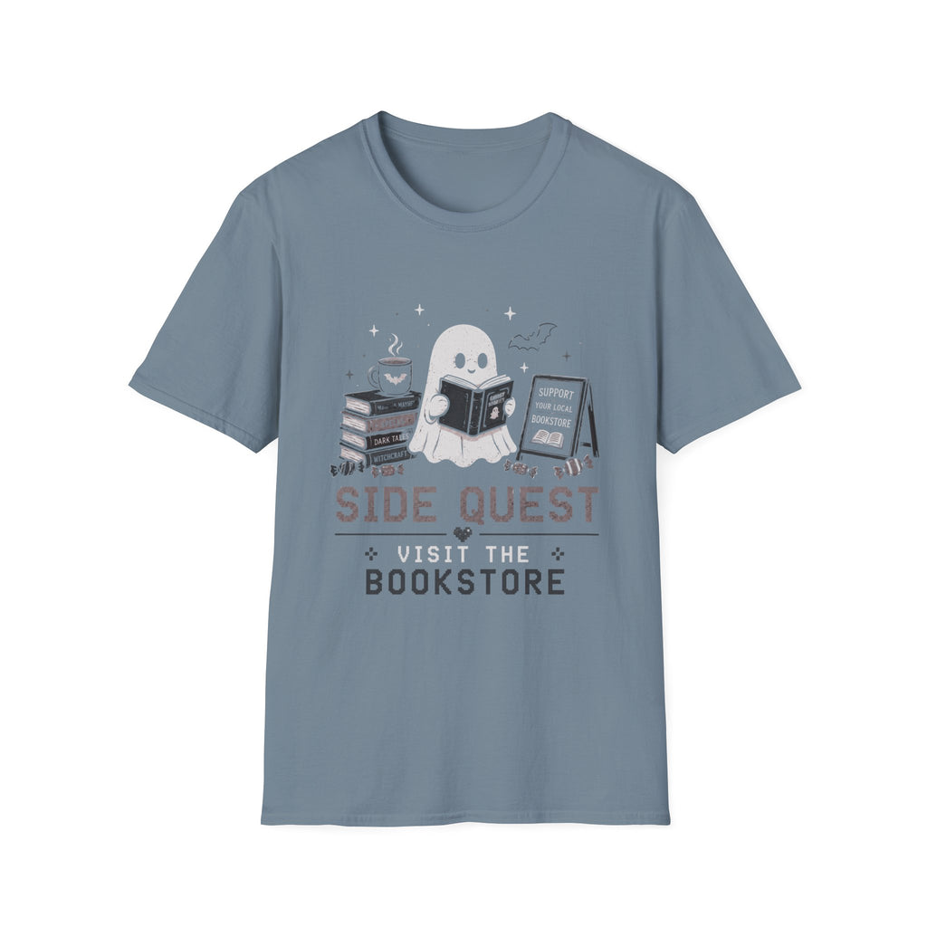 Ghost Reader T-Shirt — "Side Quest: Visit the Bookstore" Cute Halloween Book Lover Tee