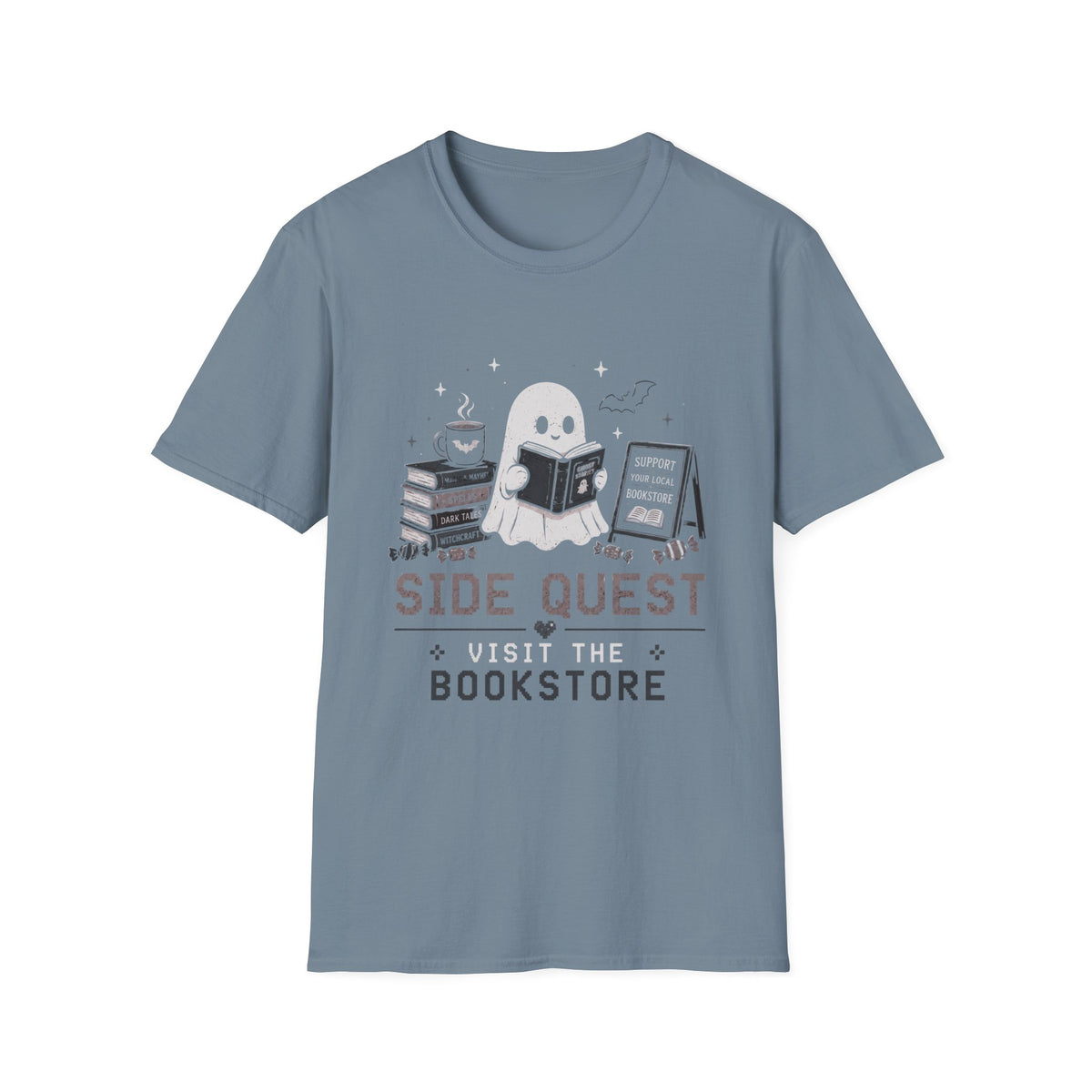 Ghost Reader T-Shirt — "Side Quest: Visit the Bookstore" Cute Halloween Book Lover Tee